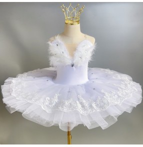 Toddlers girls white feather tutu skirts ballet dress swan lake ballerina performance costume sleeping beauty dance leotard skirts for kids